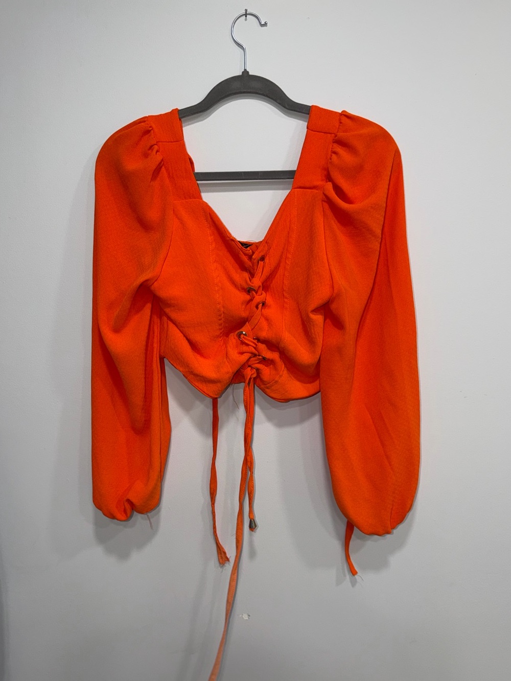 Tie-Front Orange Puff Sleeve Crop Top